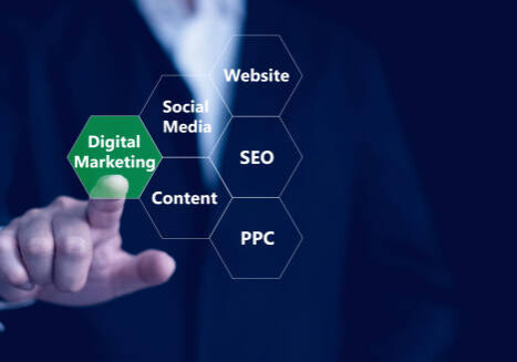 Business professional touching digital marketing hexagon diagram showing SEO, PPC, website, content, and social media elements