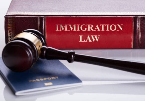 Immigration law book with judge's gavel and passport on white surface