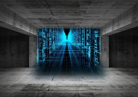 Digital matrix portal glowing blue in concrete tunnel, creating perspective illusion of cyber reality gateway